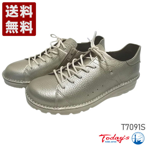 【TODAY'S T7091S シャンパンゴールド】シュリンクレザーレースアップサイドジップレザースニーカー レディース